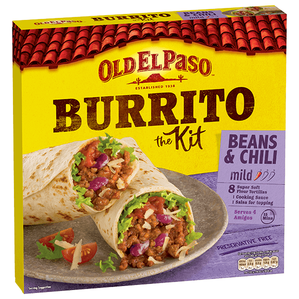 pack of Old El Paso's beans & chili mild burrito kit containing soft flour tortillas, cooking sauce & salsa (620g)