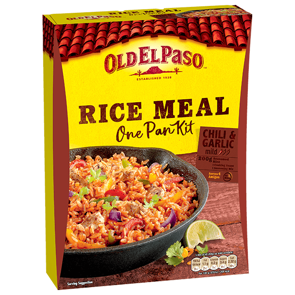 pack of Old El Paso's chili garlic one pan rice meal kit containing seasoned rice, cooking sauce & seasoning mix